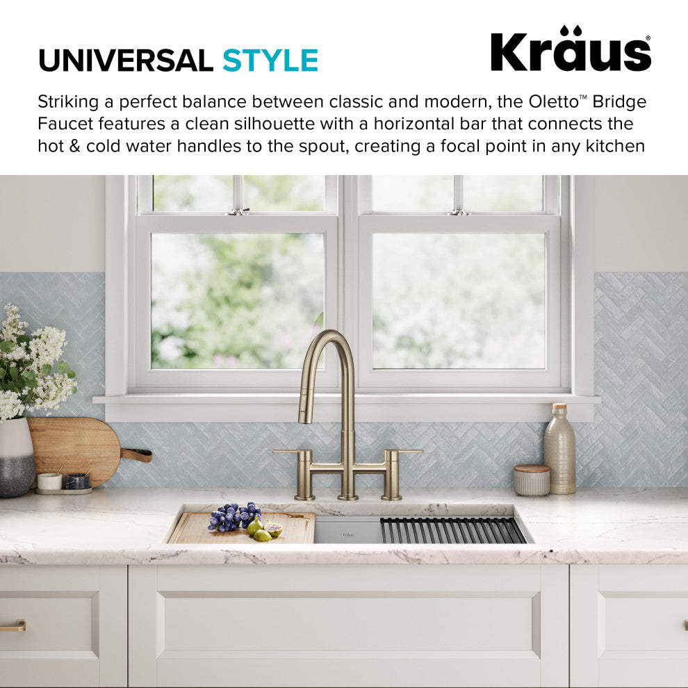 KRAUS Oletto 2-Function Pulldown 3-Hole Bridge Kitchen Faucet, Spot Free ACB