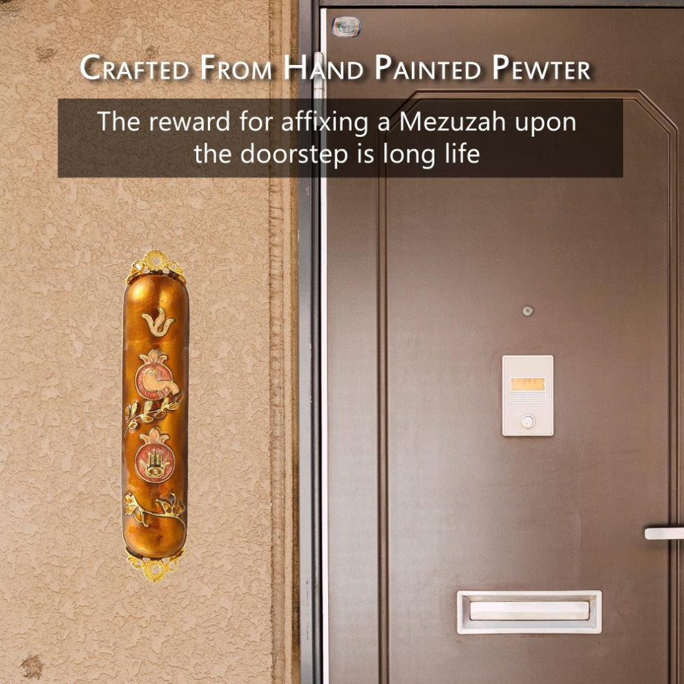 Matashi Hand Painted Enamel Mezuzah With Dove and Hamsa Design With Crystals