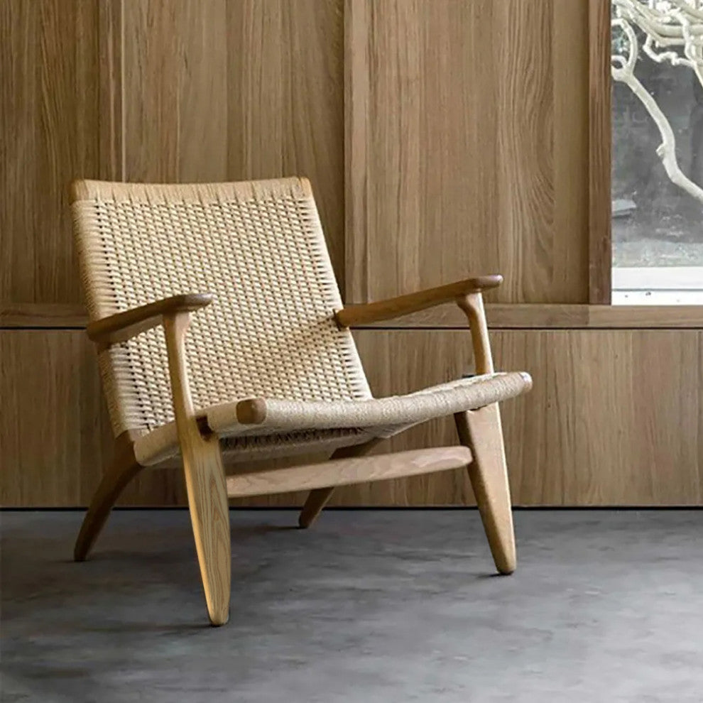 Japandi Wood Outdoor Patio Lounge Chair Armchair Kraft Paper Rope Woven Seat