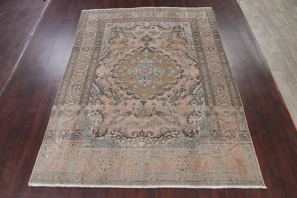 Consigned, Tabriz Semi Vintage Persian Handmade Oriental Rug Wool, Peach, 8'x10'