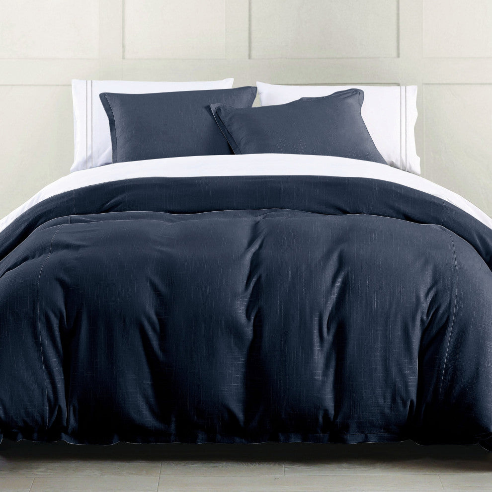 Hera Washed Linen Flange Duvet Cover, 1 Piece, Navy, Twin