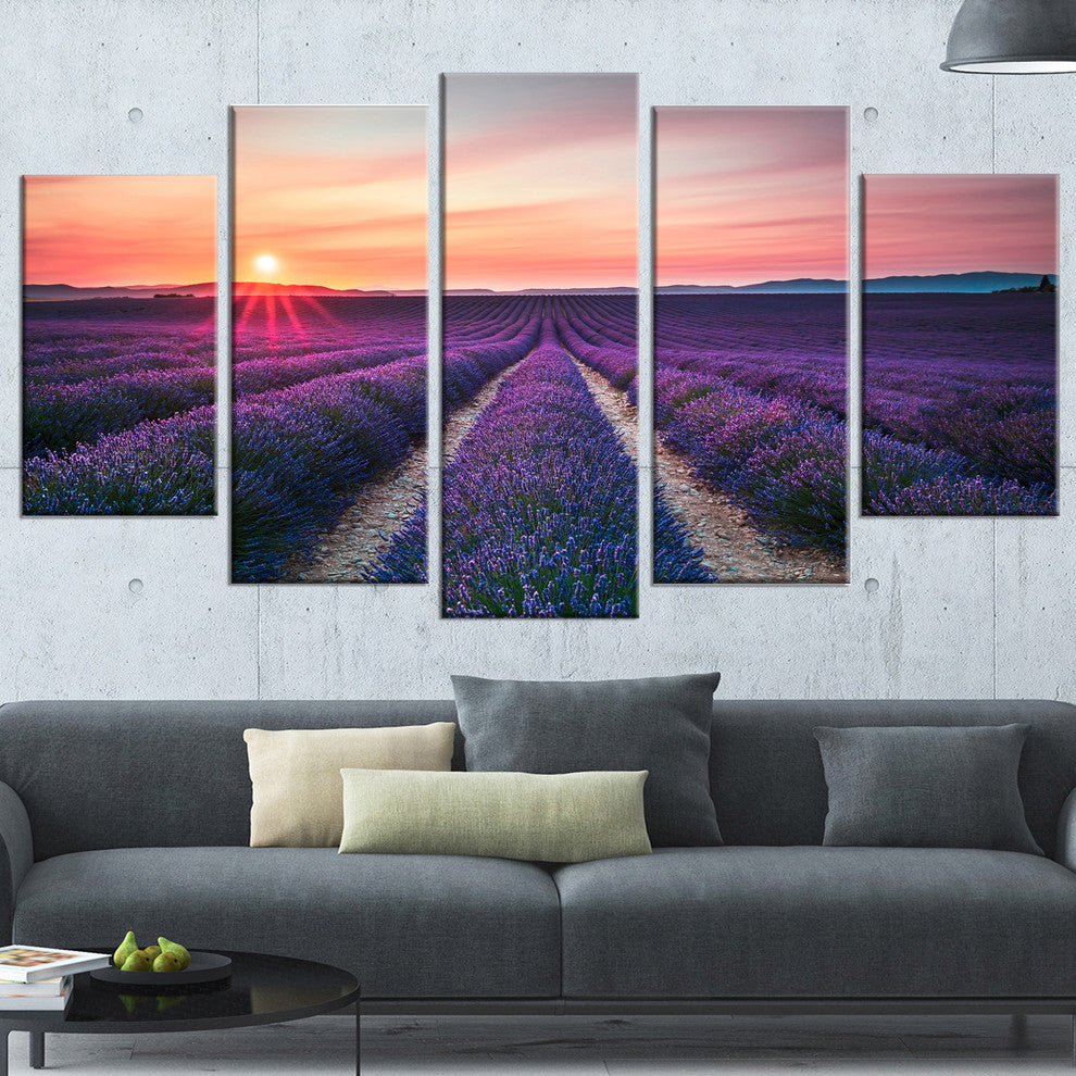 "Endless Rows of Lavender Flowers" Modern Landscape Wall Art, 5 Panels, 60"x32"