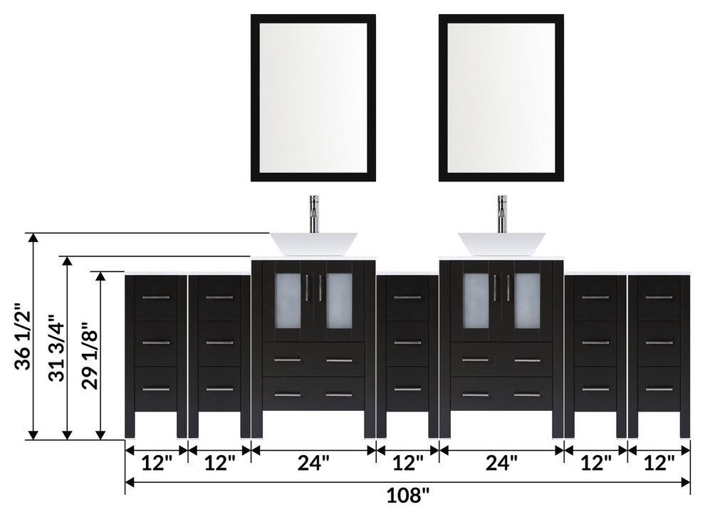 Modern Vanity Set With Two Sink Bases With Mirrors and Five Drawer Bases, Espres