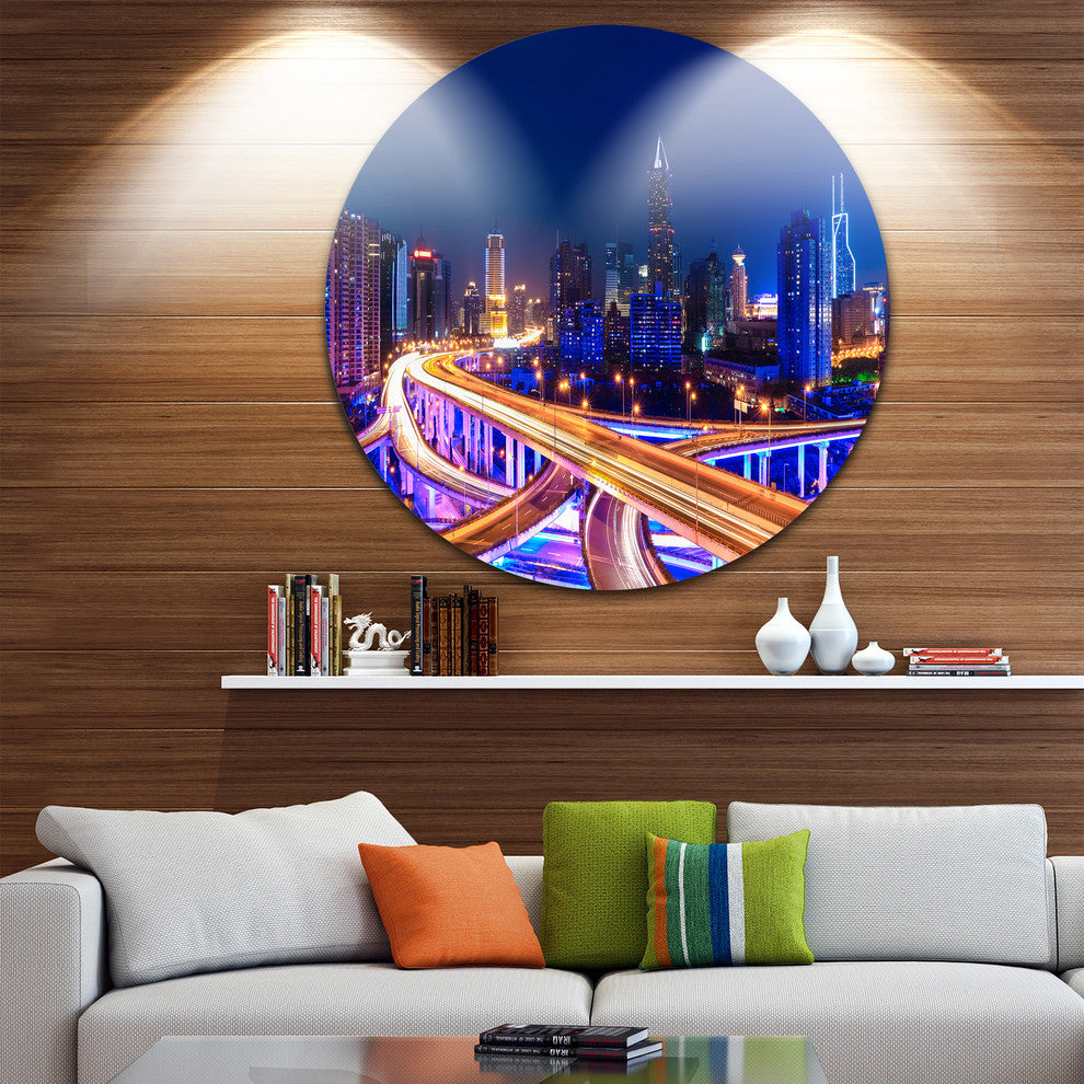 Interchange Overpass At Night Skyline, Round Metal Wall Art, 36"
