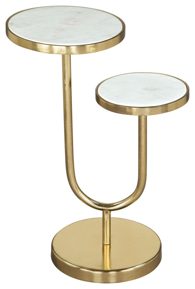 Sofa Side Table, Round, Artificial Marble, Iron Metal, White, Gold, Hospitality