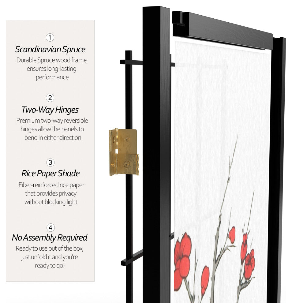 7' Tall Cherry Blossom Shoji Screen, Black, 3 Panels