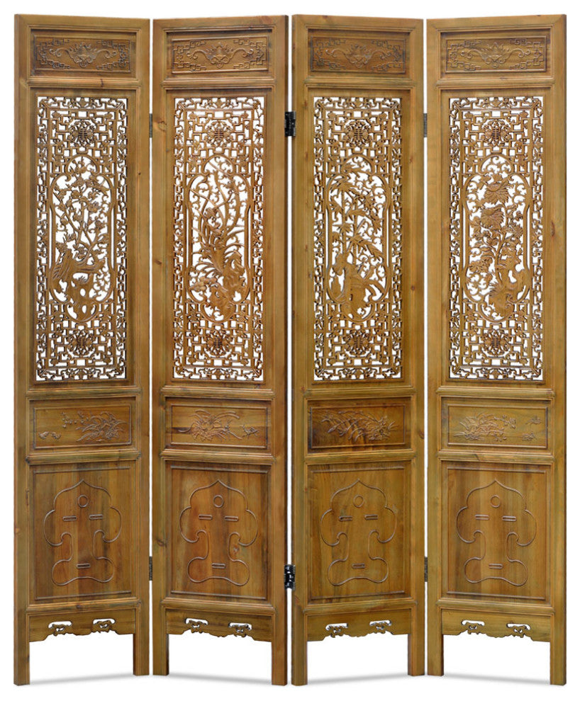 Grand Cedar Wood Four Season Motif Intaglio Oriental Floor Screen