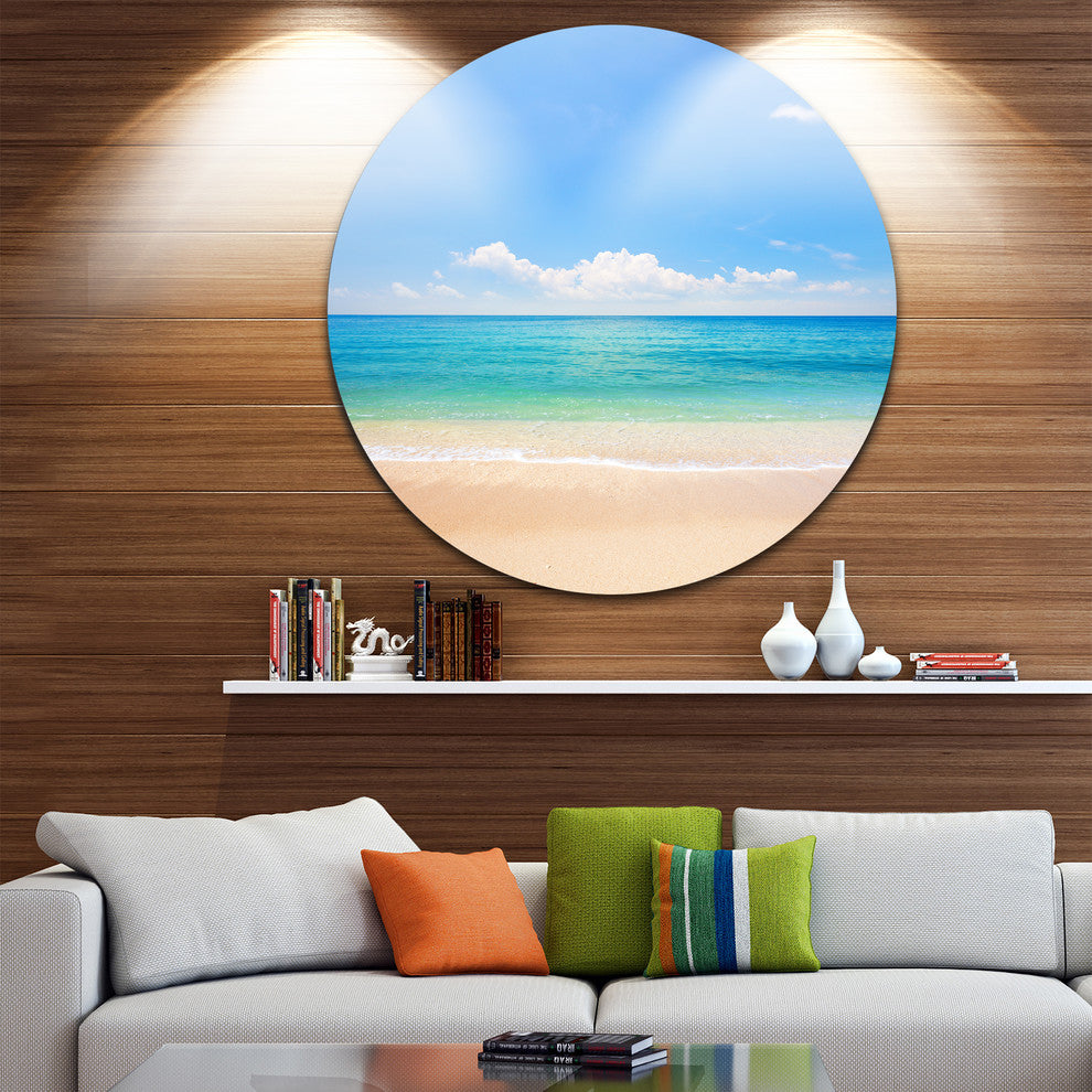 Cloudy Horizon Over Beach, Seashore Photo Round Metal Wall Art, 23"