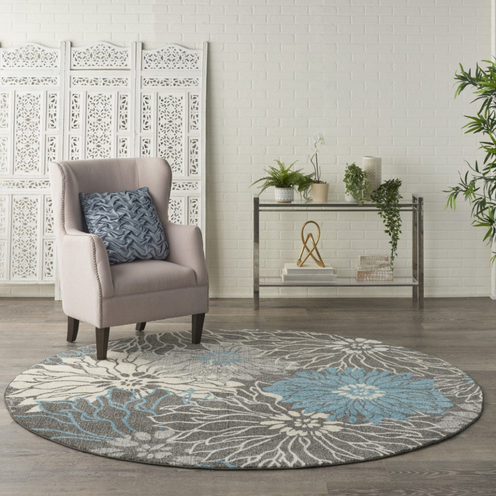 8 Round Charcoal and Blue Big Flower Area Rug