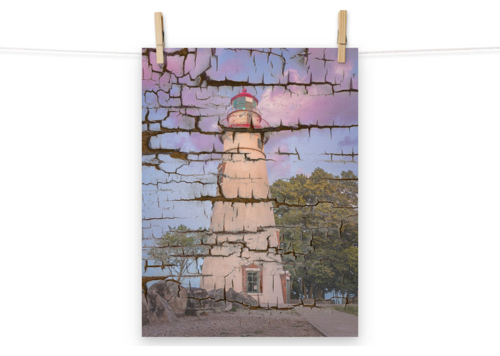 Faux Wood Texture Marblehead Lighthouse at Sunset Unframed Wall Art Prints, 12" X 16"