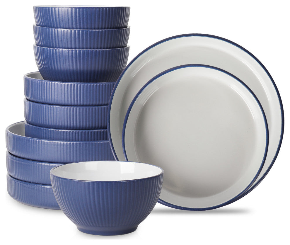 Christian Siriano Larosso Stoneware 12 Piece Dinnerware Set, Dark Blue