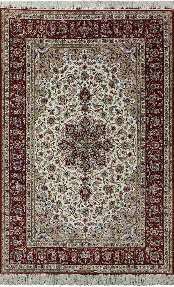 Signed Authentic Persian Isfahan Hand Knotted Wool and Silk Rug, 5'x8'