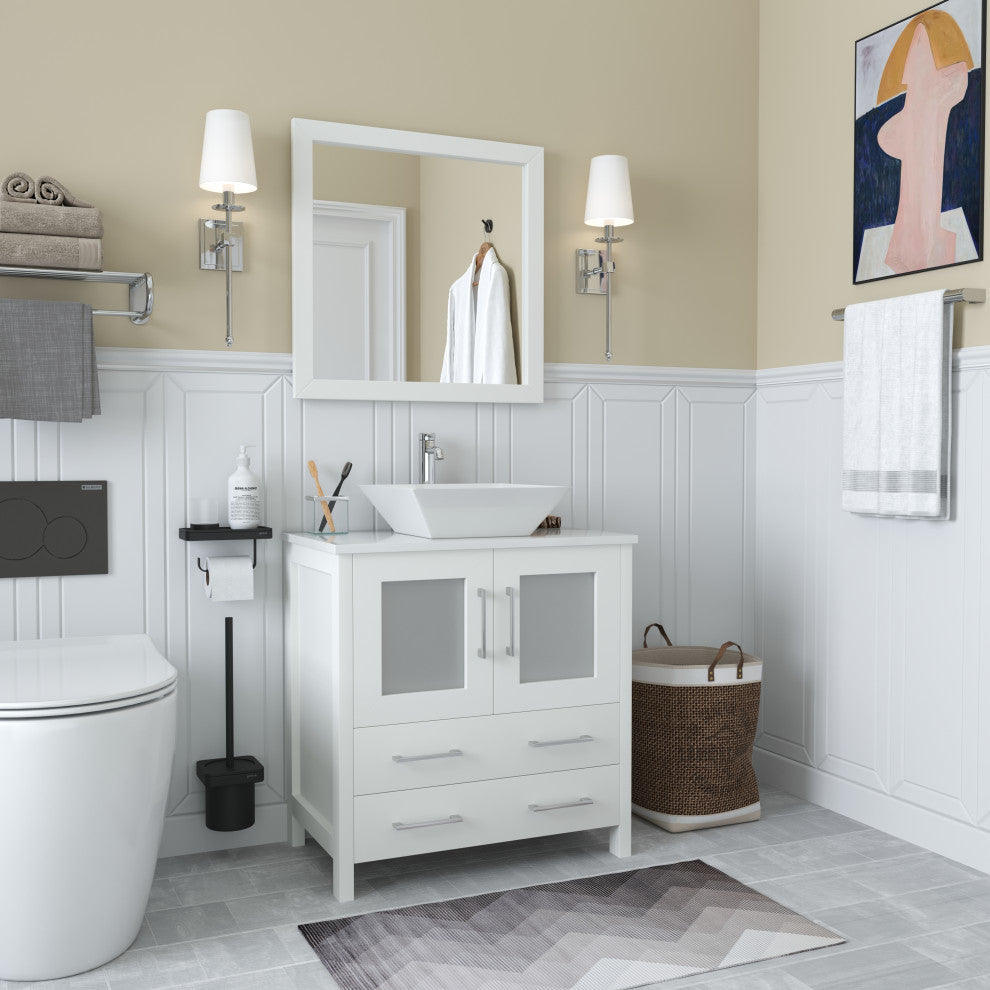 Vanity Art Vanity Set With Vessel Sink, White, 30", Standard Mirror