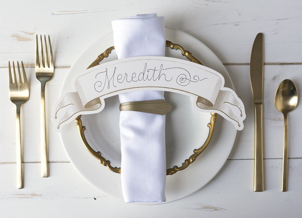 Vintage Style Large Scroll Paper Place Card Labels | Set 36 Gold Cream Ribbon