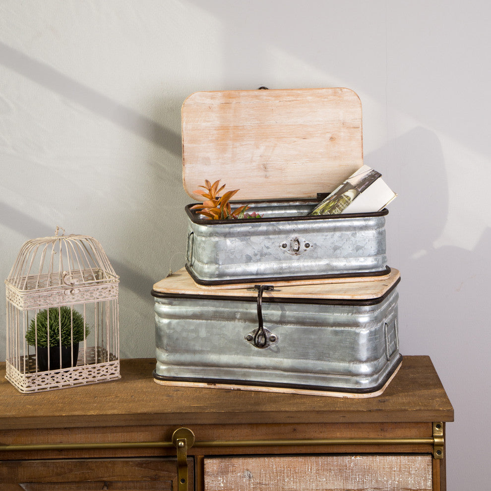 Galvanized Wood Storage Chests Set of 2