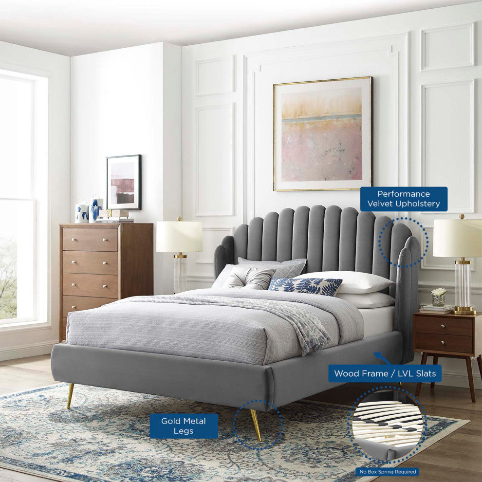 Platform Bed Frame, Queen Size, Velvet, Gray, Modern Contemporary, Bedroom