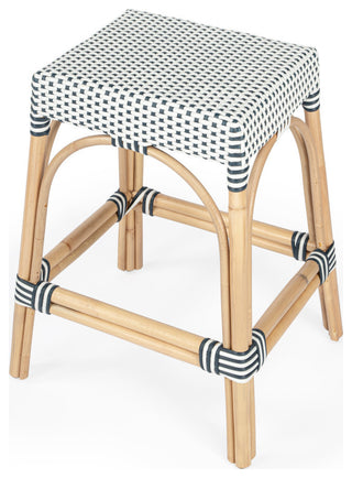 Robias Rectangular Rattan 24.5" Counter Stool, Navy and White