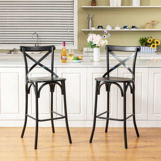 Black Steel Bar Stool With Solid Elm Wood Seat and Back Support, Set of 2