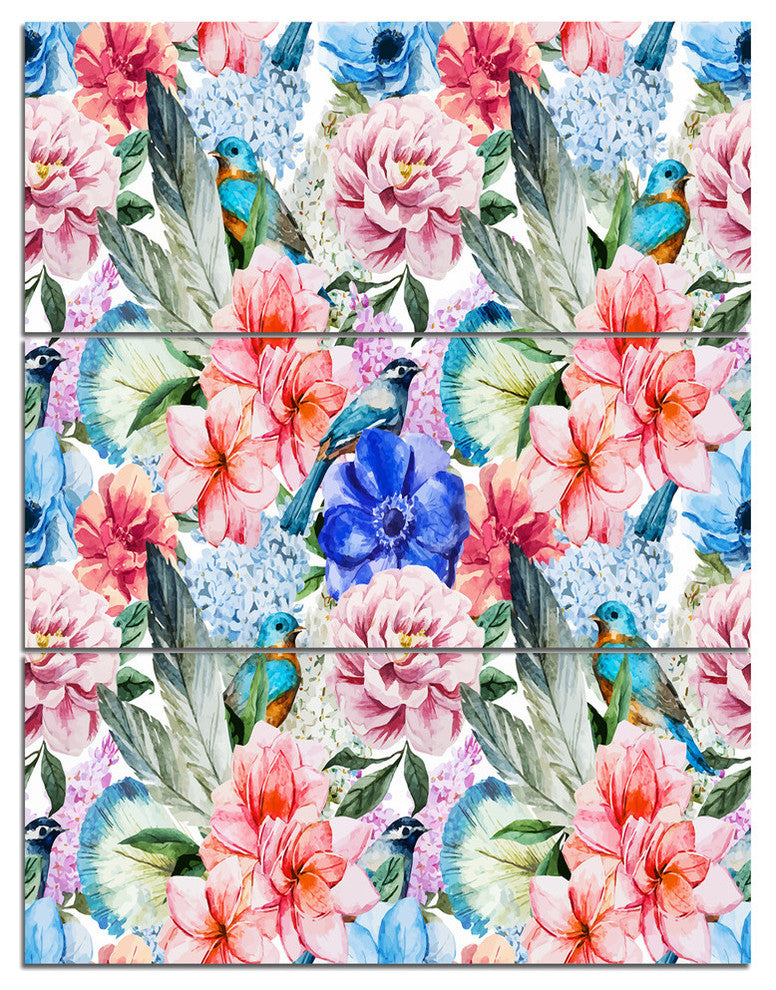 "Colorful Flowers and Birds Watercolor" Metal Wall Art, 3 Panels, 28"x36"
