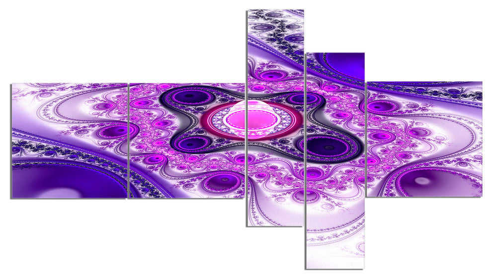 Purple Wavy Curves and Circles, Abstract Canvas Art Print, 60"x32", 5 panels
