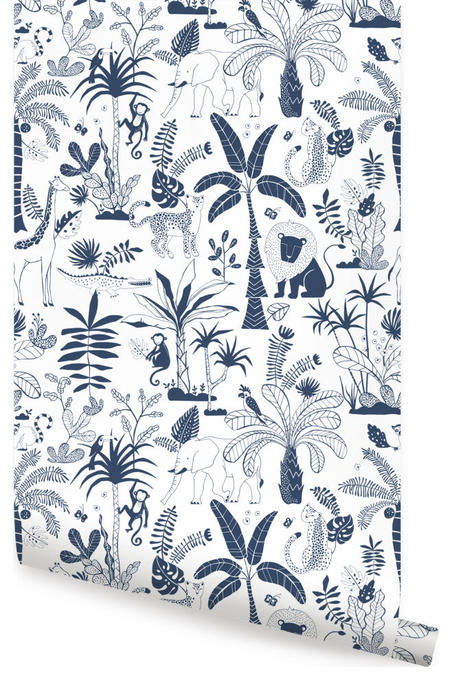 Safari Jungle Illustration Peel and Stick Vinyl Wallpaper, Blue, 24"x108"