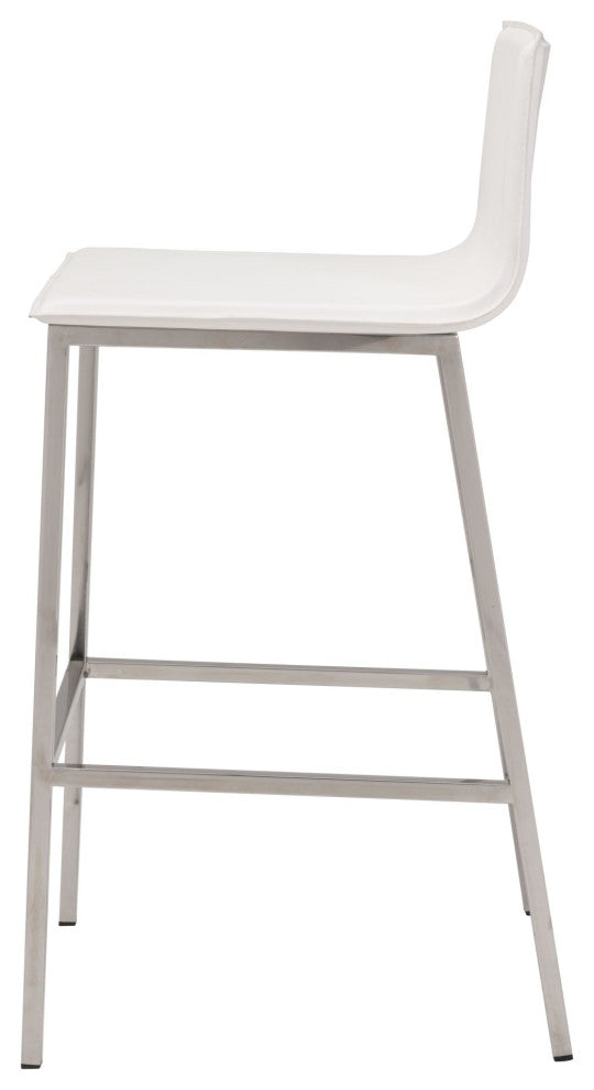 Bar Stool Chair Barstool, Set of 2, Faux Vinyl Leather, Steel, White, Silver