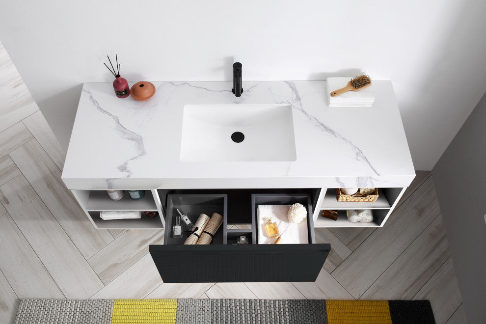 Manarola Matte Black with Thick Quartz Wall Mount Vanity, Open Shelf, 60"