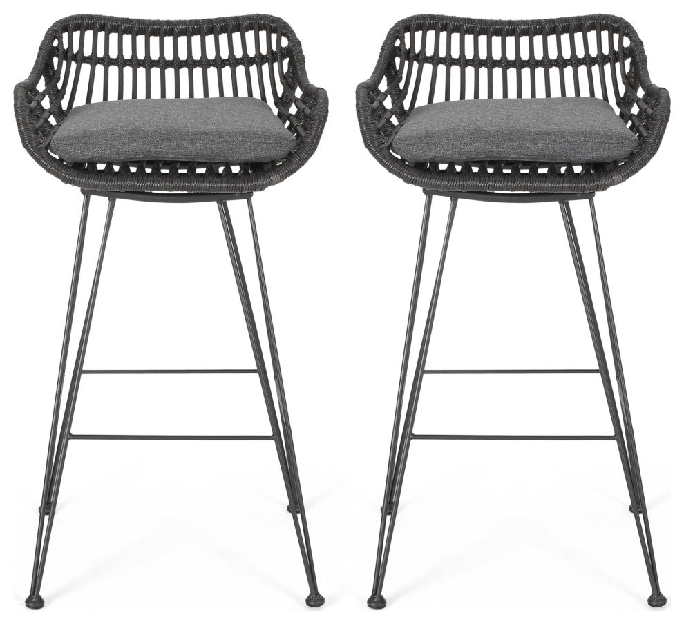 Lisa Outdoor Wicker Barstools with Cushions, Set of 2, Gray, Black, Dark Gray