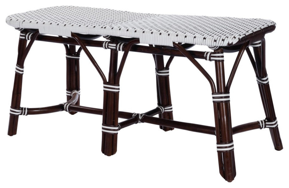 Dark Brown and White Rattan Bench