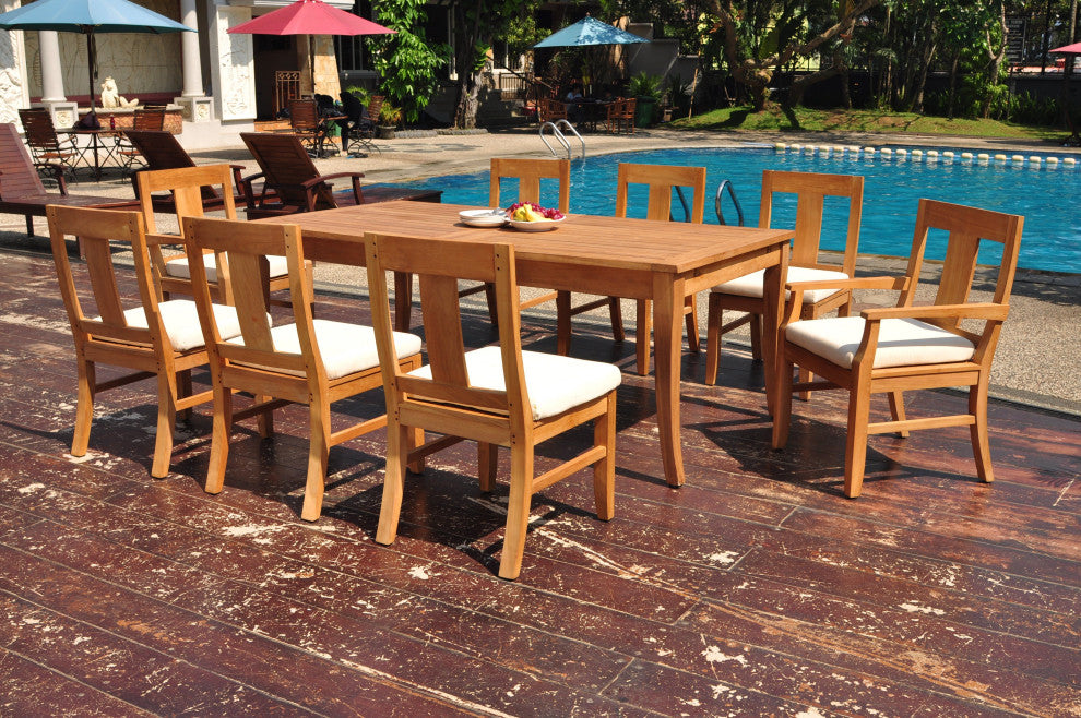 9-Piece Outdoor Teak Dining Set, 122" X-Large Rectangle Table, 8 Osbo Chairs