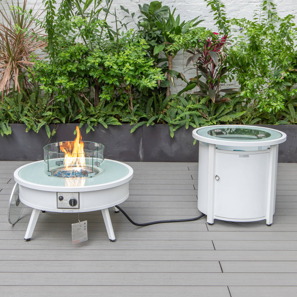 LeisureMod Walbrooke Round Fire Pit Table and Tank Holder, White