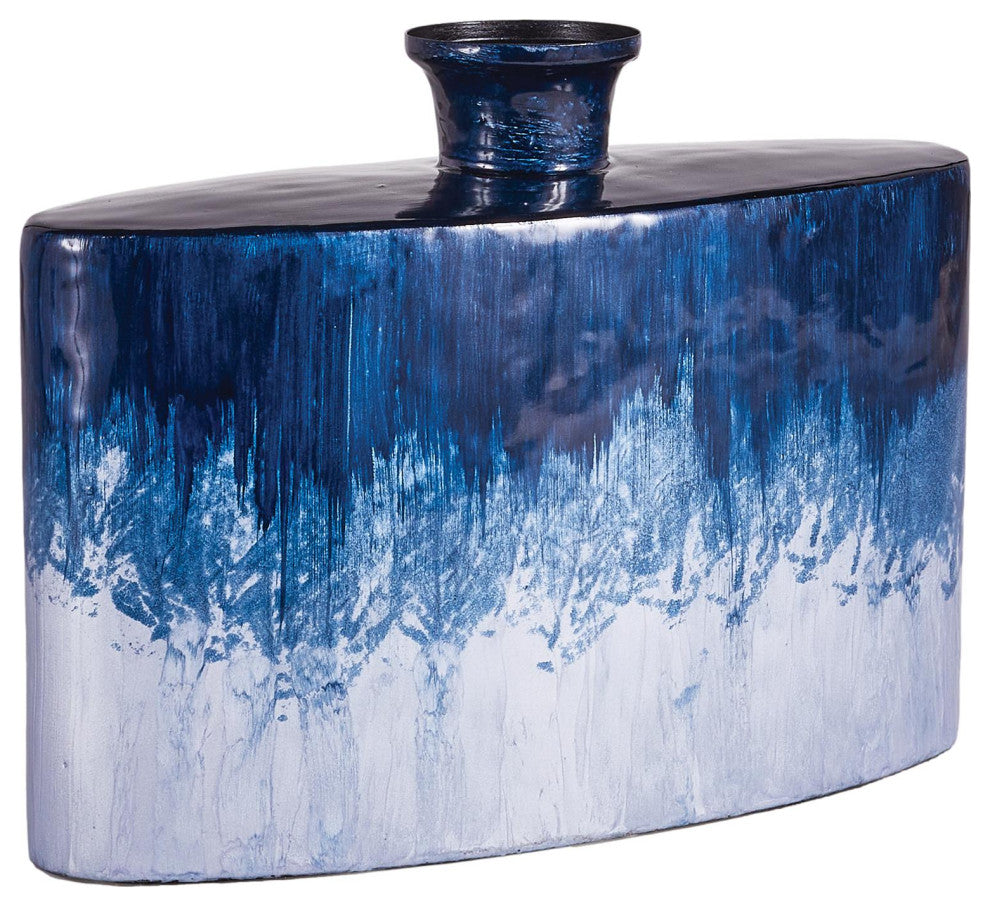 Enameled Modern Blue Iron Flat Flask Vase Ombre Bottle Contemporary Coastal