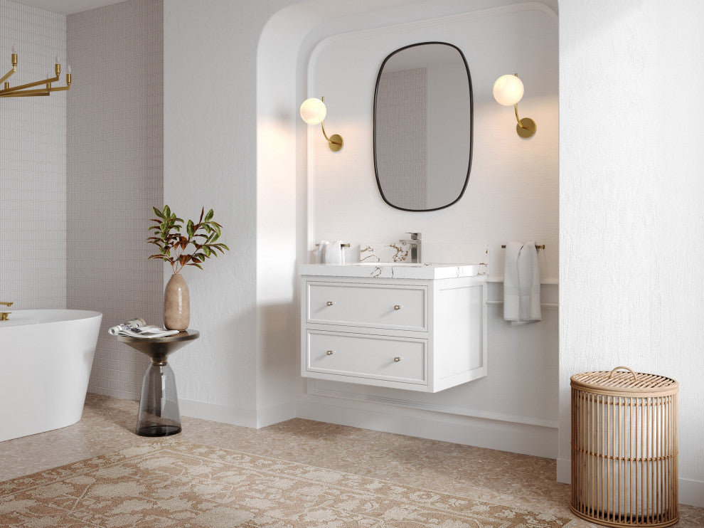 Roswell Floating 30" Single Sink Bath Vanity, White 2" Calacatta Black