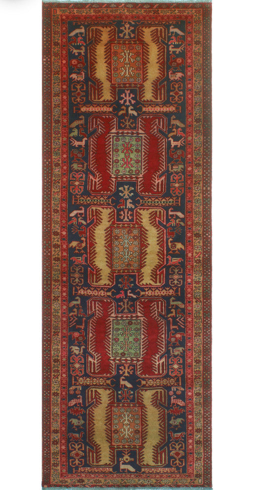 Fine Vintage Distressed Ervin Red/Navy Runner, 3'5x9'8