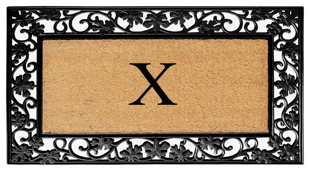A1HC Floral Border Black 18x30 Rubber and Coir Heavy Duty Monogrammed Doormat, X