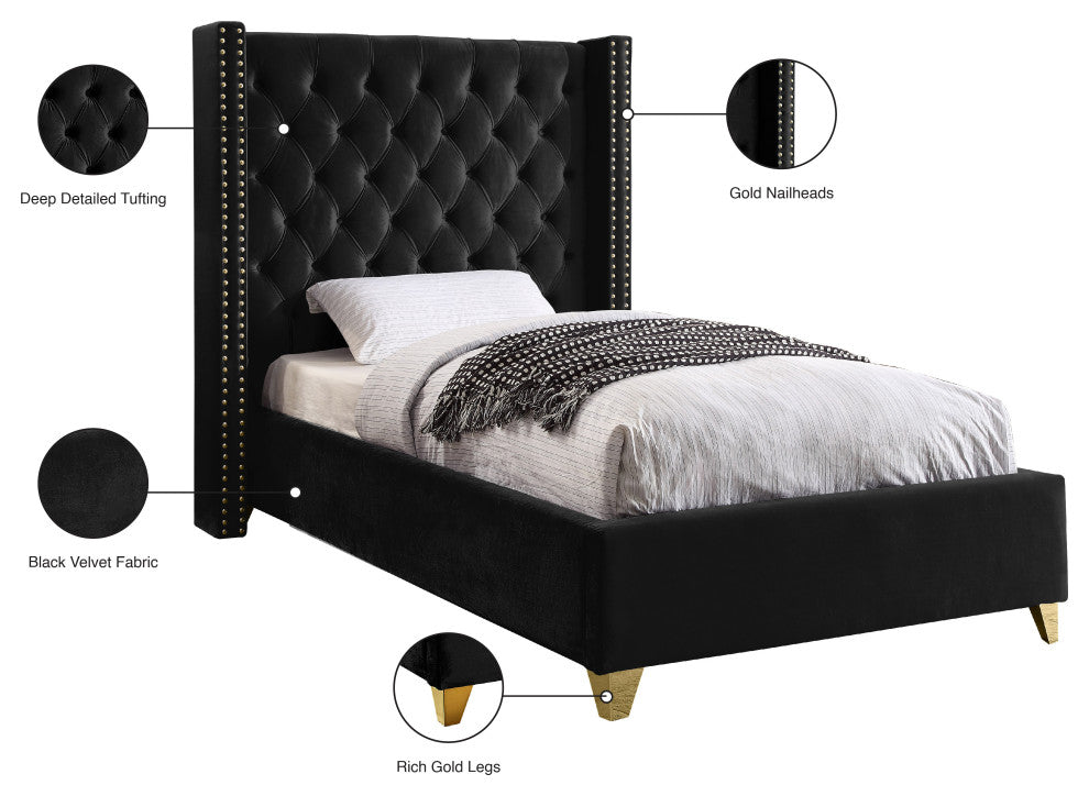 Barolo Velvet Upholstered Bed, Black, Twin
