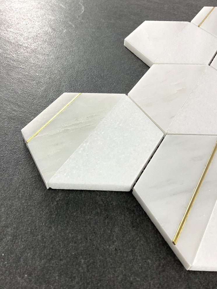 8-Pieces of 4" Hexagon Mix Marble And Metal Mosaic Tile