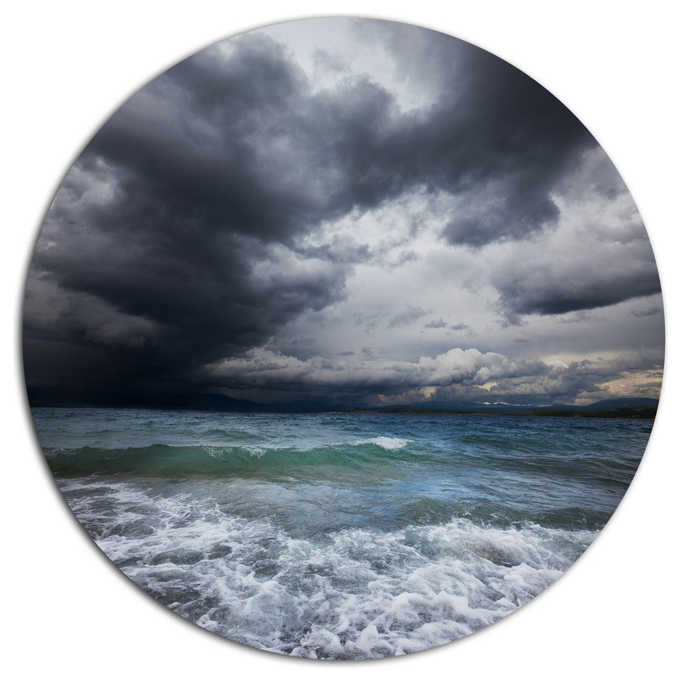 Troubled Sea Under Stormy Sky, Beach Large Disc Metal Wall Art, 23"