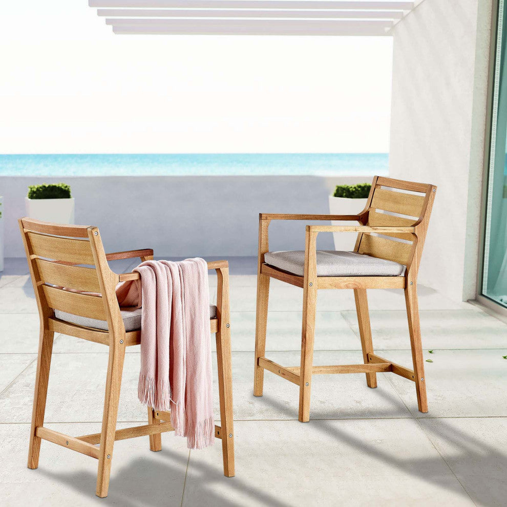 Bar Side Stool Chair, Set of 2, Wood, Brown Natural Taupe Gray, Modern, Outdoor