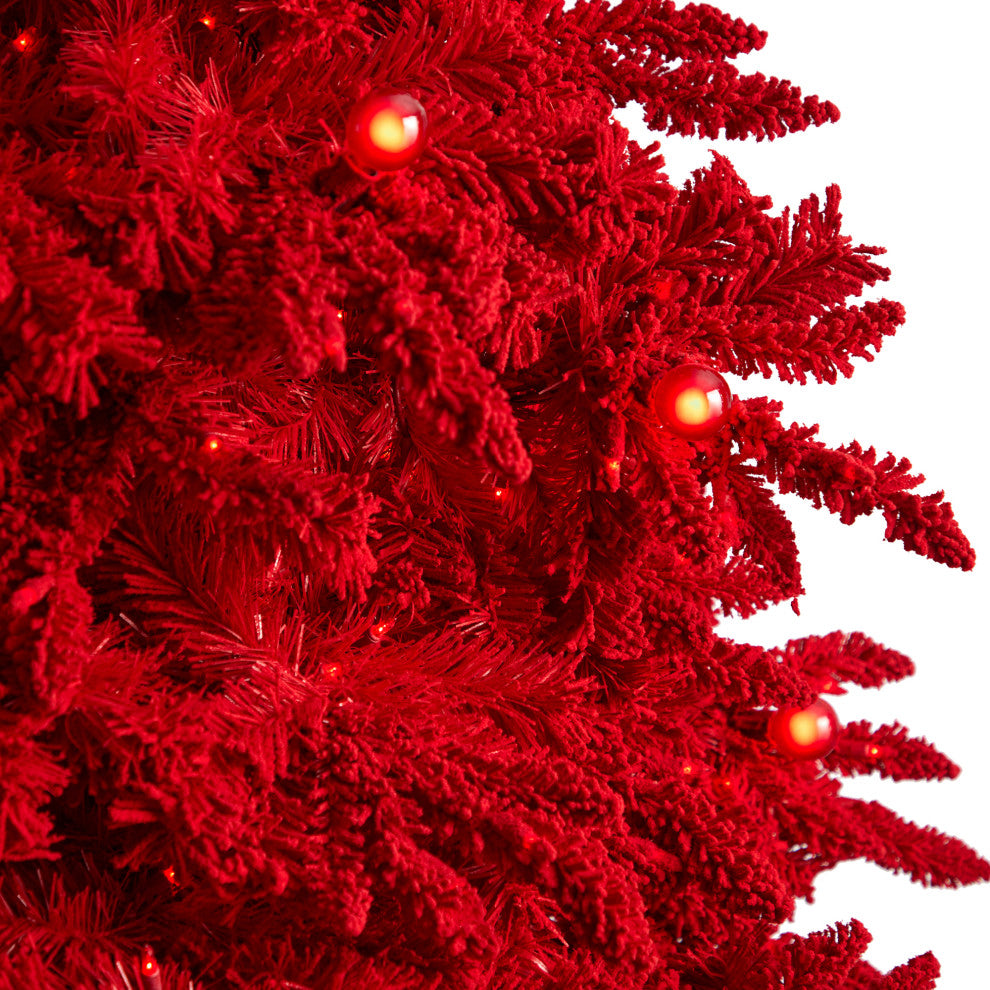 T3511 8' Red Flocked Fraser Fir Artificial Christmas Tree With 700 Red Lights