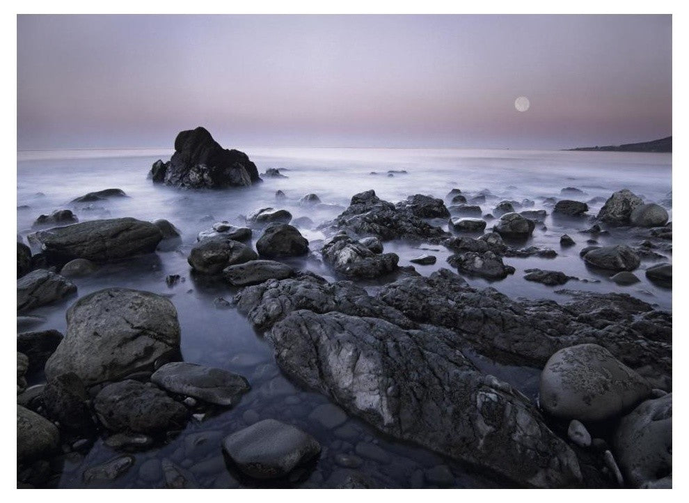 "Full moon over boulders at El Pescador State Beach, Malibu" Paper Art, 18"x14"