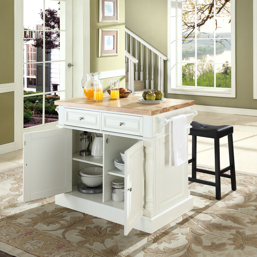 Butcher Block Top Kitchen Island, White Finish With 24" Black Upholstered Sadd