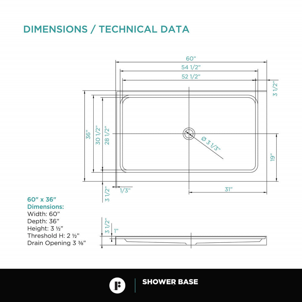 Fine Fixtures Double Threshold Acrylic Shower Base, 60 X 36, Left Hand