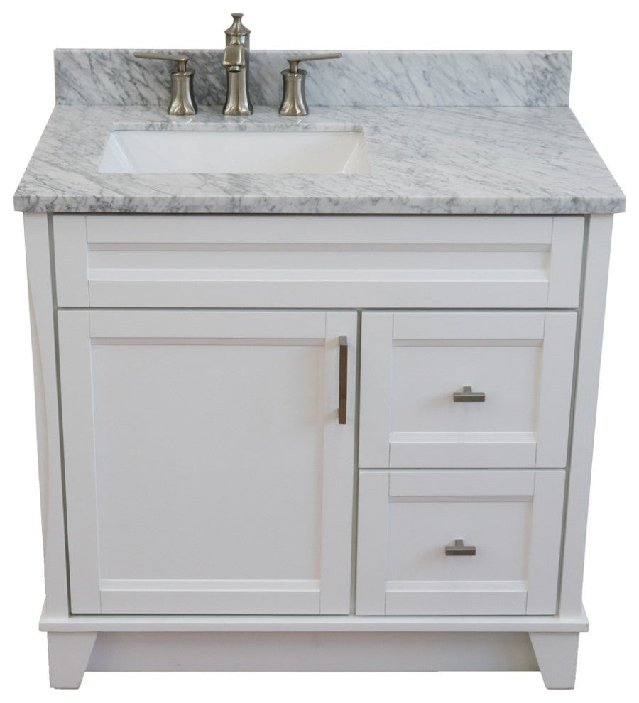 37" Single Sink Vanity, White Finish With White Carrara Marble