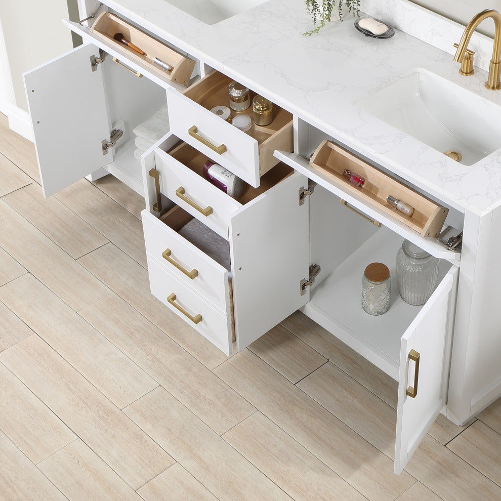 Gavino Vanity With Grain White Composite Stone Top, White/Brushed Gold, 72", No Mirror