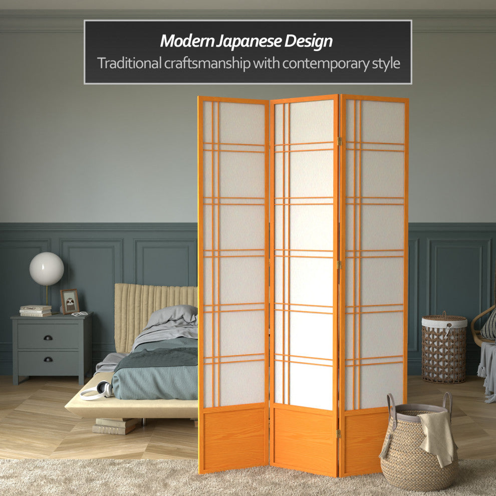 7' Tall Double Cross Shoji Screen, Honey, 3 Panels