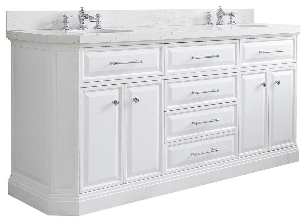 72" Palace Quartz Carrara Pure White Vanity With Hardware, Faucets in Chrome