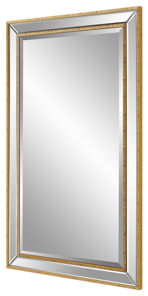 Benzara BM277046 40" Wood Rectangular Wall Mirror, Beveled Panel, Gold