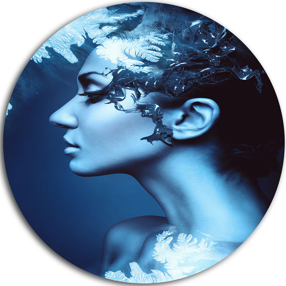 Winter Woman With Splash, Art Portrait Round Metal Wall Art, 36"