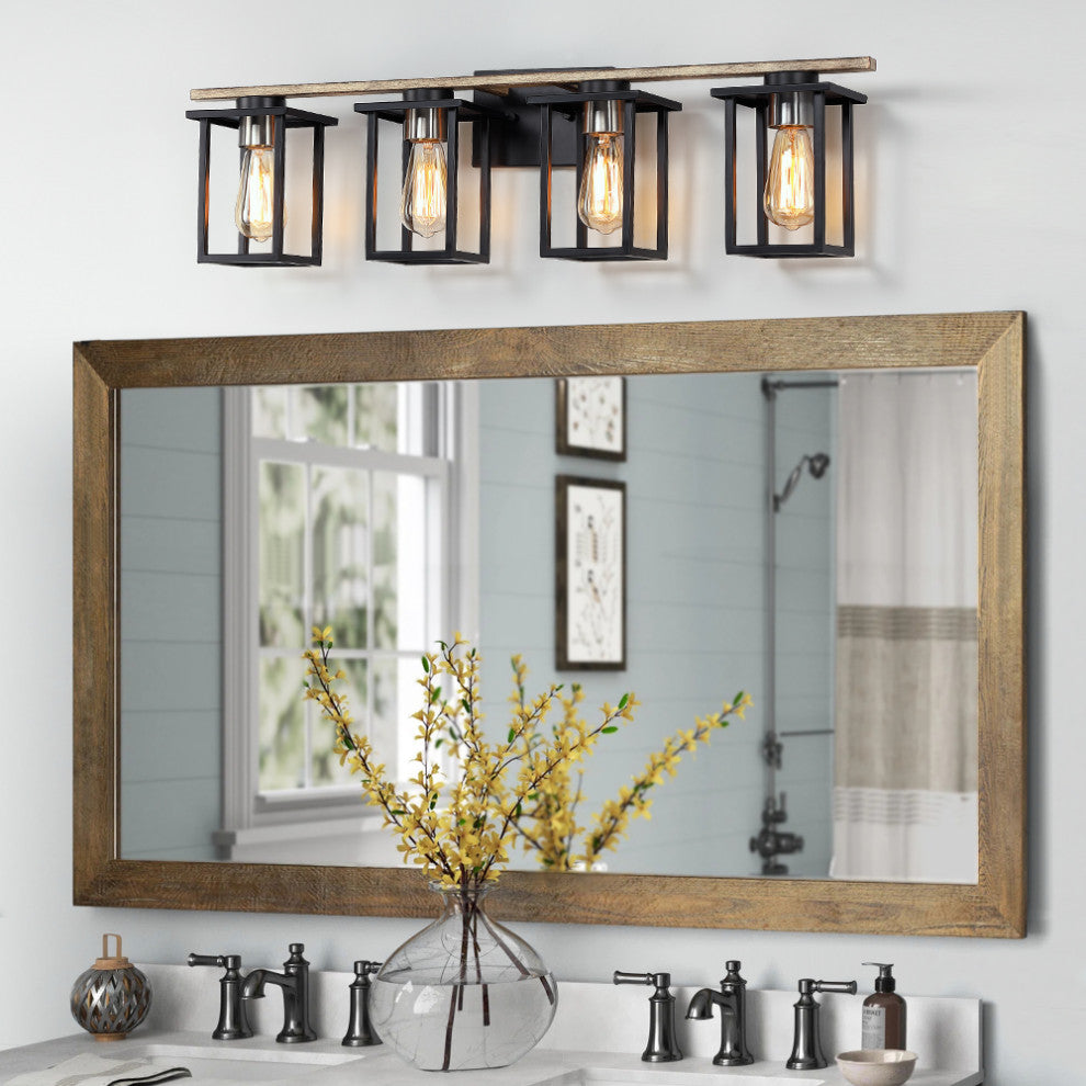 Matte Black/Wood Tone Rustic Bath Vanity Light With Open Cage Shades, 33" Wide